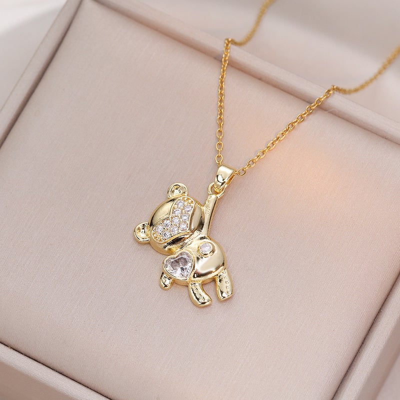 Necklace For Women Japanese And Korean Ins Trendy Colorful Zircon Heart Bear Personality Fashion Ins Minimalist Style Necklace - Image 3